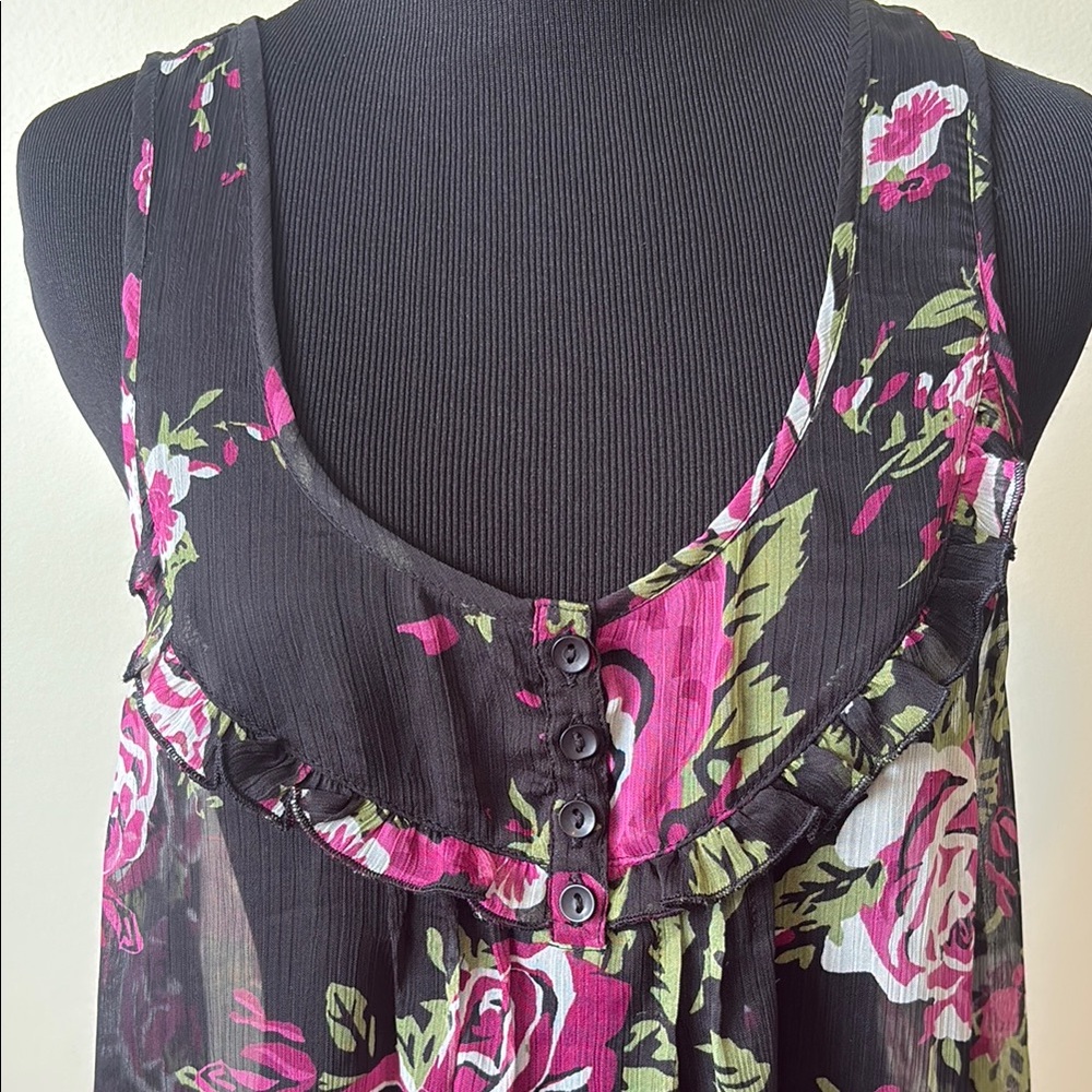 Living Doll Floral Sleeveless Sheer Top with Ruffle hem - Picture 2 of 9